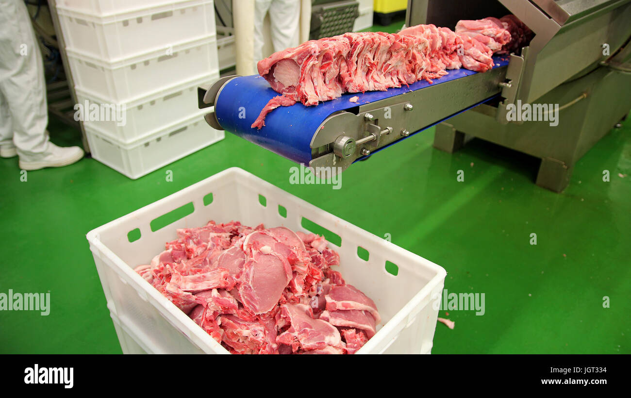 Cortes de carne cruda sobre una cinta transportadora industrial. Chuletas de cerdo fresca cruda en fábrica de carnes. Procesamiento de carnes en la industria alimentaria. Foto de stock