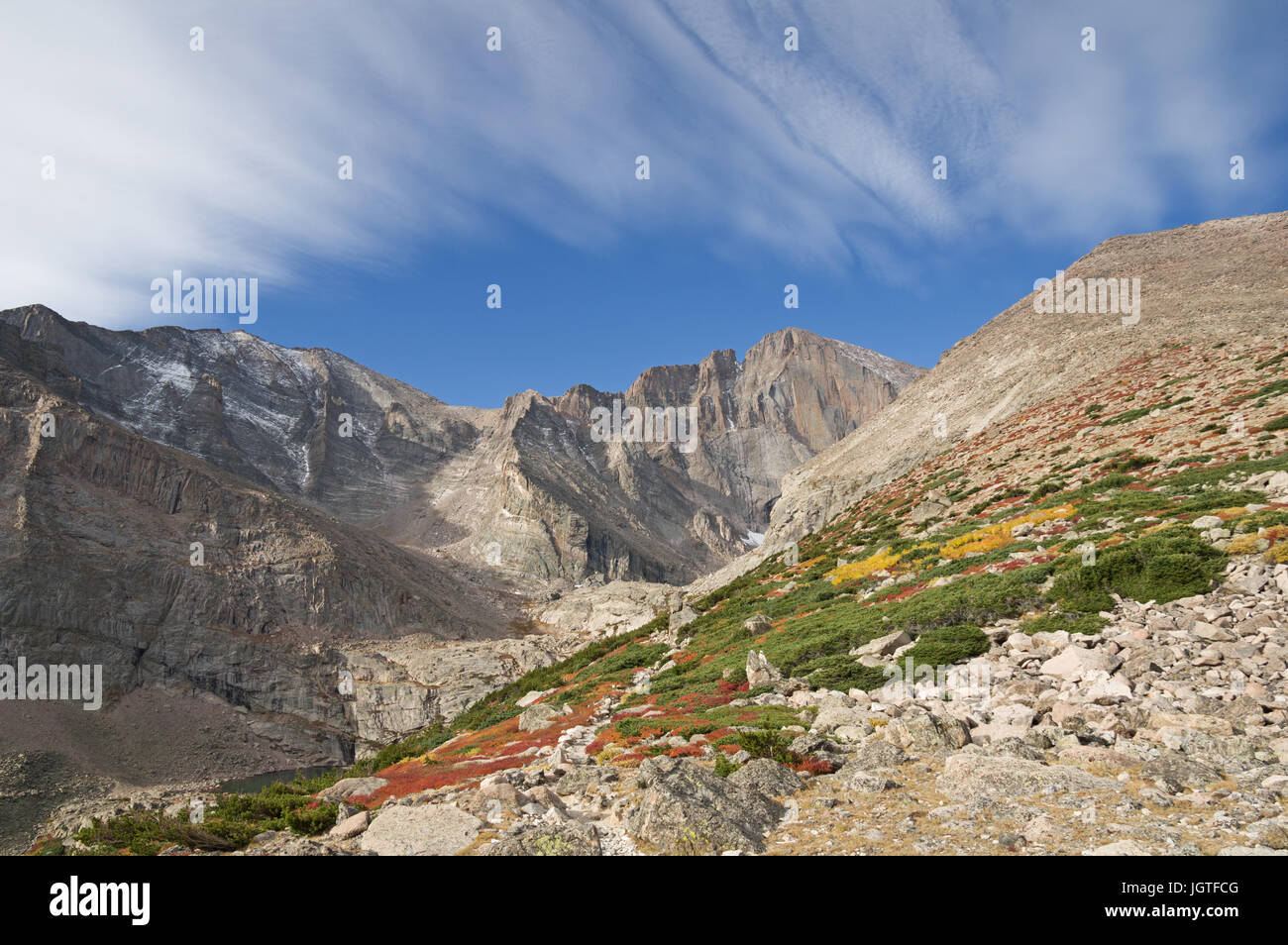 Longs Peak y el Diamante en el Parque Nacional de las Montañas Rocosas Foto de stock