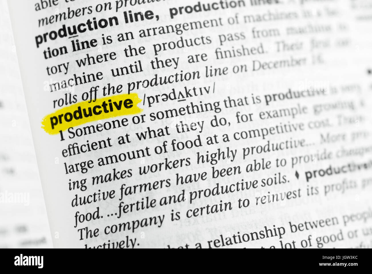 Resalta las palabras en inglés "productivo" y su definición en el