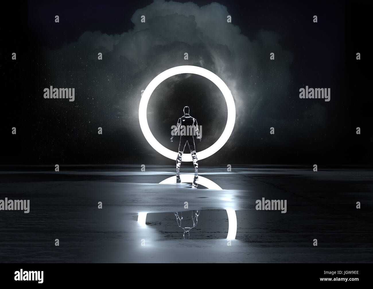 Círculo de luz. Una figura de vidrio iluminado en la noche por un círculo de luz. Ilustración 3D Foto de stock