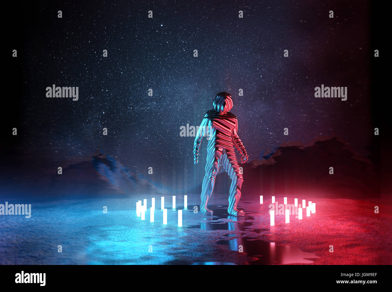 Casi humanos. Extraño spaceman futurista iluminado por luces rojas y azules en la noche. Ilustración 3D. Foto de stock