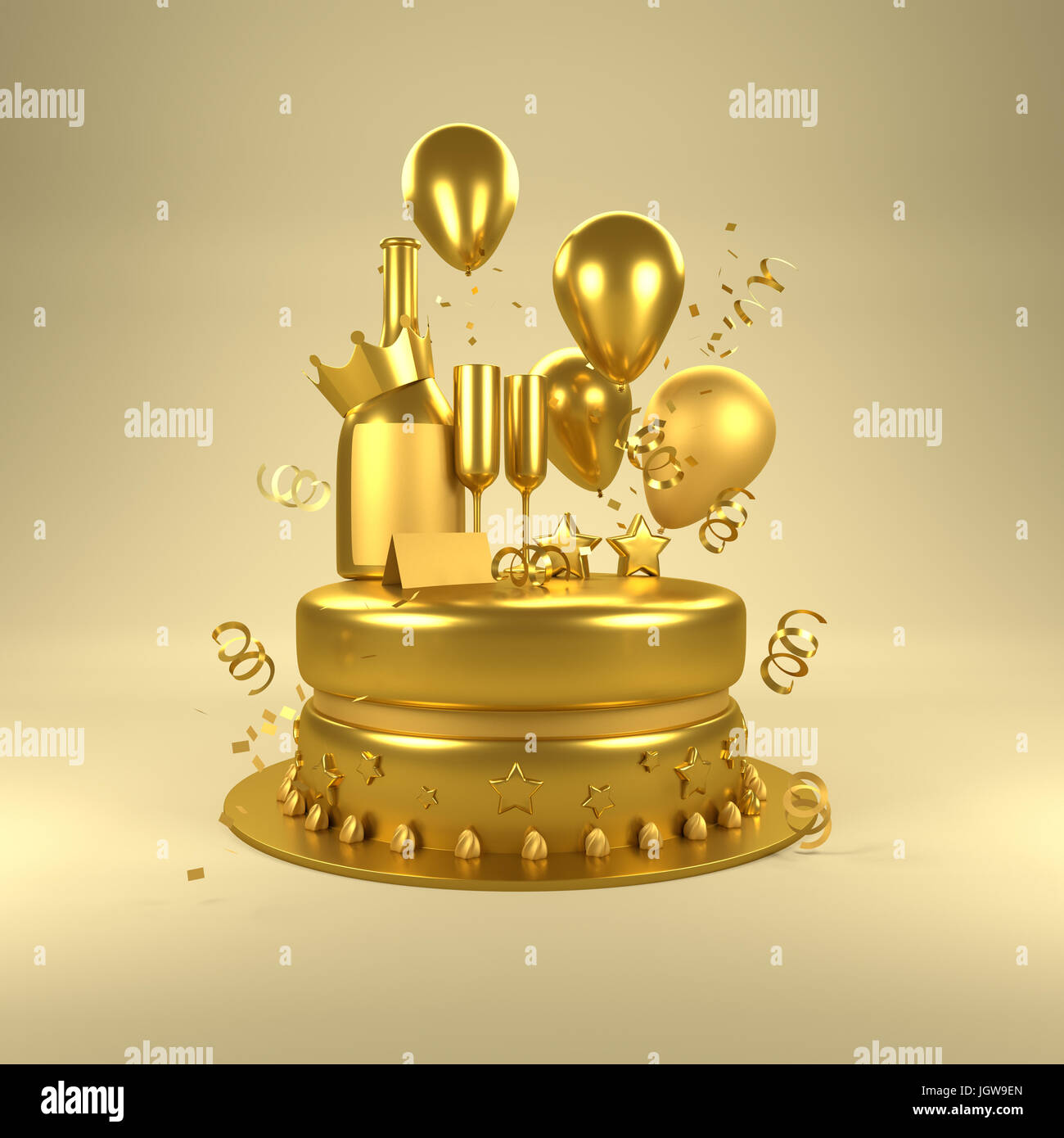 Oro sorpresa de cumpleaños. Celebraciones de cumpleaños con globos de oro, vasos de oro y la botella de champán y una tarta. Ilustración 3D. Foto de stock