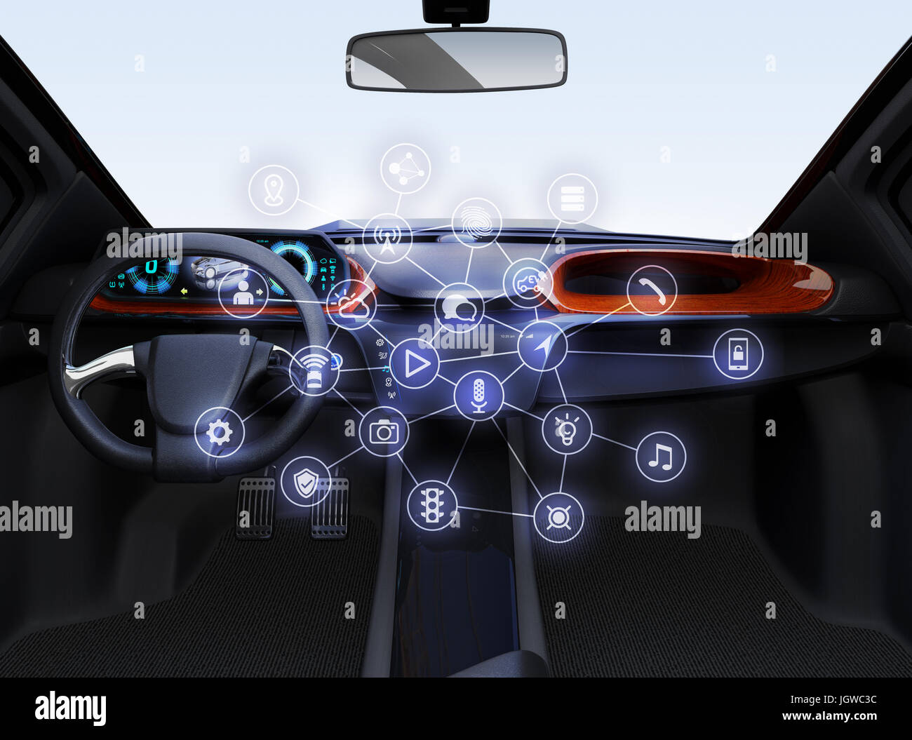 Interior de coche autónomo. Iconos del automóvil conectado. Concepto de  Internet de las cosas. Representación 3D imagen Fotografía de stock - Alamy