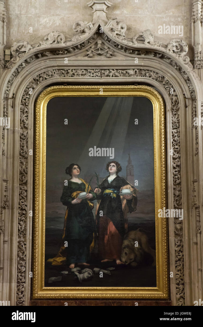 Pintura 'Saints Justa y Rufina' por el pintor español Francisco de Goya (1817) que se muestra en el altar de la Sacristía de los Cálices de la Catedral de Sevilla (Catedral de Sevilla) en Sevilla, Andalucía, España. Foto de stock