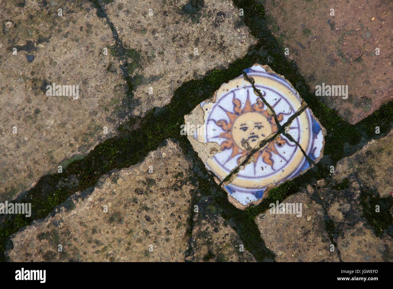 Sun representado en el estaño-español llamado azulejos vidriados azulejos del siglo XVI en el suelo del Jardin de las Flores (Jardín de Flores) en el Real Alcázar de Sevilla en Sevilla, Andalucía, España. Foto de stock