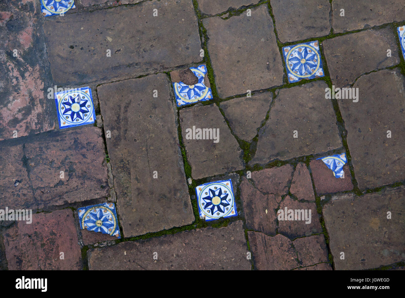Estaño-español llamado azulejos vidriados azulejos del siglo XVI en el suelo del Jardin de las Flores (Jardín de Flores) en el Real Alcázar de Sevilla en Sevilla, Andalucía, España. Foto de stock