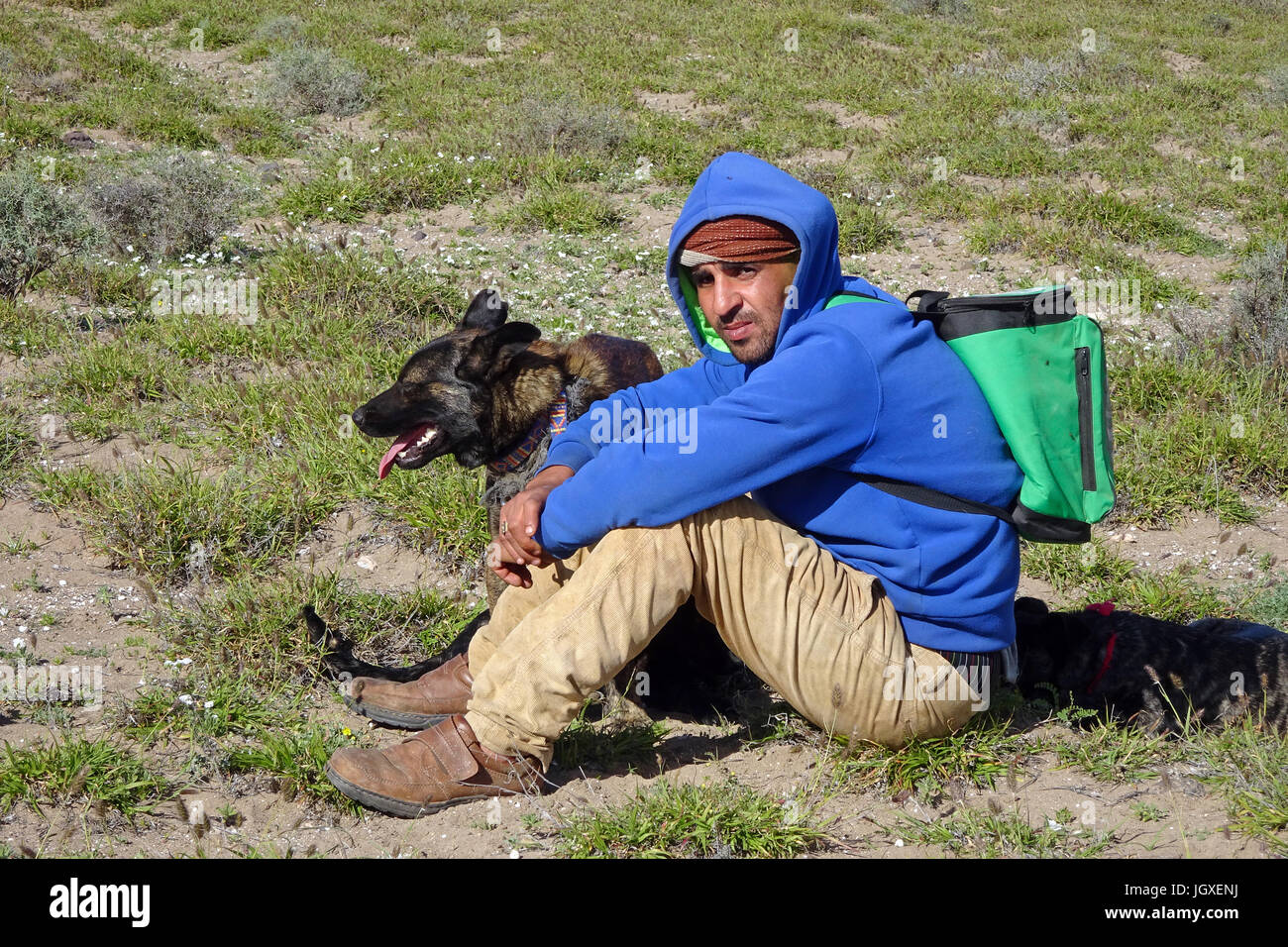 Mit ziegenhirte hirtenhunden wacht ueber sena ziegenherde, caleta de Famara, Lanzarote, KANARISCHE INSELN, Europa | herder de cabra con los perros pastores Foto de stock