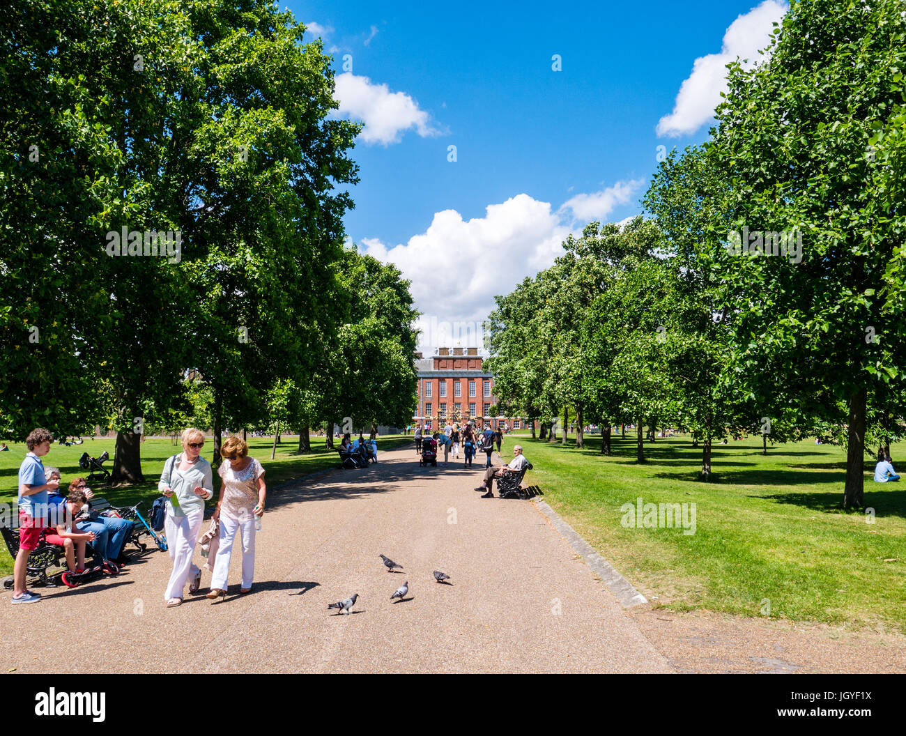 Personas que se relajan en el sol de verano, Kensington Gardens, Londres, Inglaterra, Reino Unido, GB. Foto de stock