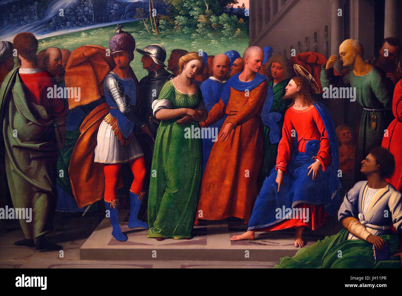La Courtauld Gallery. Giovanni Battista Benvenuti, conocido como L'Ortolano. Cristo y la mujer sorprendida en adulterio. 1524. Aceite en el panel. Reino Unido. Foto de stock