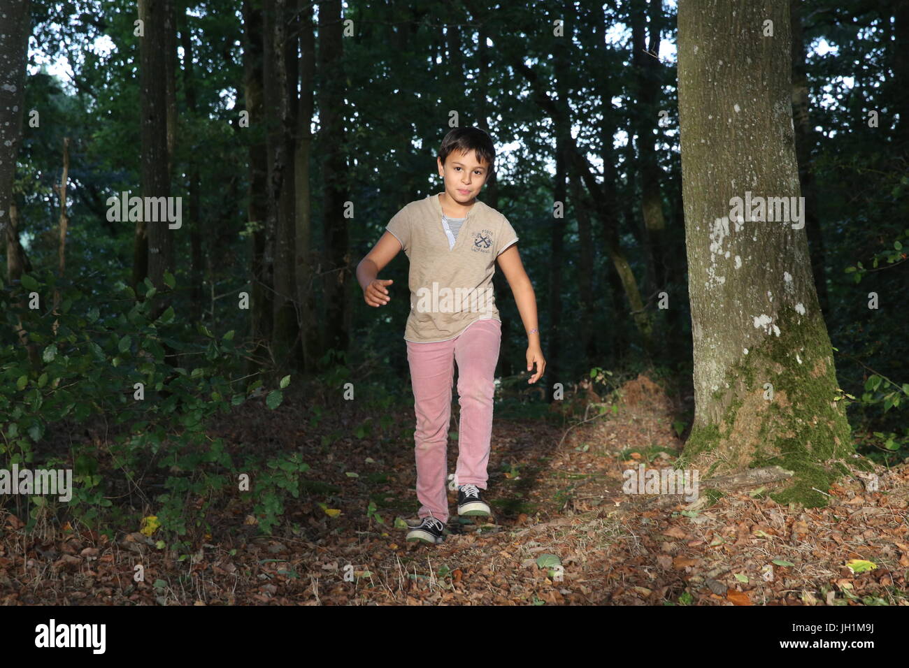 10-año-viejo muchacho caminar fuera de un bosque. Francia. Foto de stock