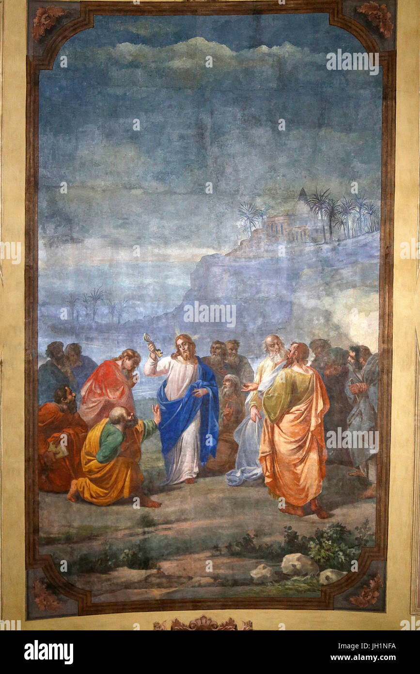 Pintura en la Chiesa dei Santi Pietro e Paolo (San Pedro y san Pablo de la iglesia), Galatina. Cristo apareciendo ante los apóstoles. Italia. Foto de stock