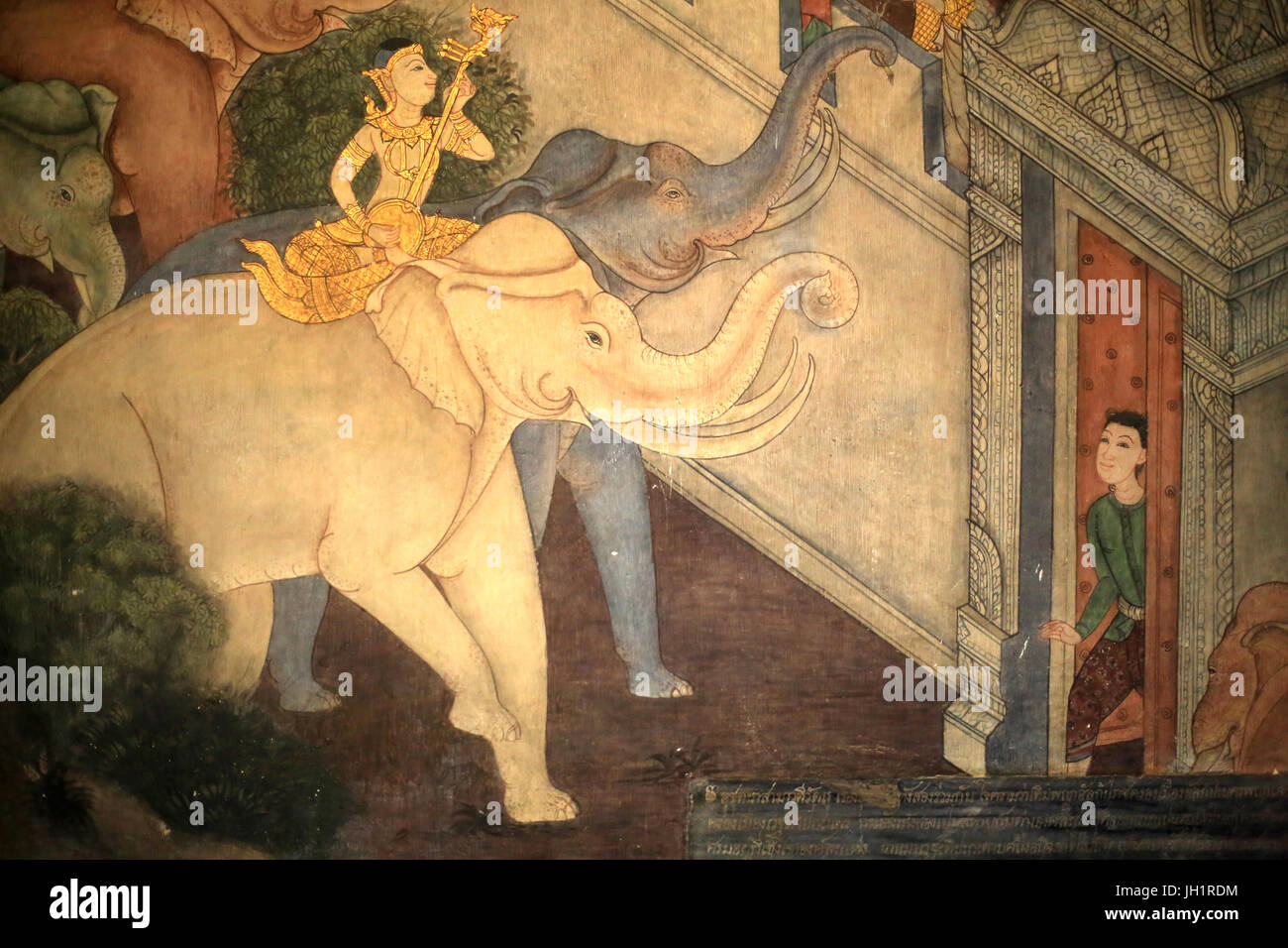 El príncipe Rama. Detalle Mural en las paredes internas de la Vihara desde la época del rey Rama III representando el Ramakian. Wat Pho, Wat Phra Chettuphon. 1788. Bang Foto de stock