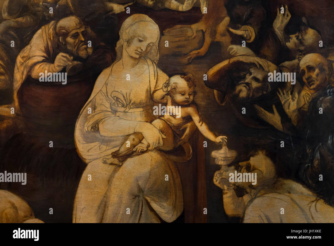 Detalle de la Adoración de los magos, de Leonardo da Vinci, circa 1482, Galería de los Uffizi, Florencia, Toscana, Italia, Europa Foto de stock