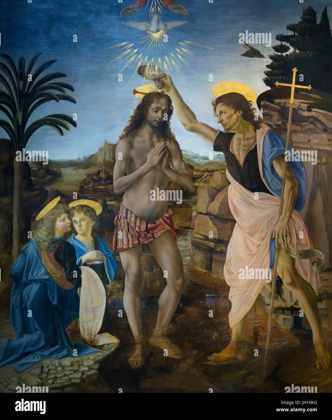 Bautismo de Cristo, Andrea del Verrocchio y Leonardo da Vinci, 1470-1475, Galería Uffizi, Florencia, Toscana, Italia, Europa Foto de stock