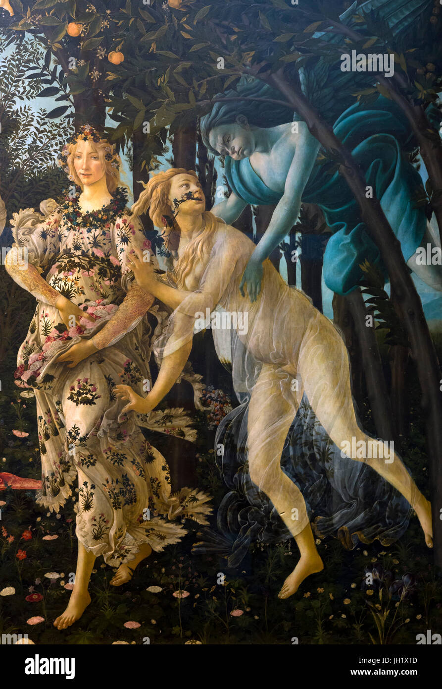 Primavera, alegoría de la primavera, témpera, pintura panel de Sandro Botticelli, circa1482, la Galería de los Uffizi, Florencia, Toscana, Italia, Europa Foto de stock