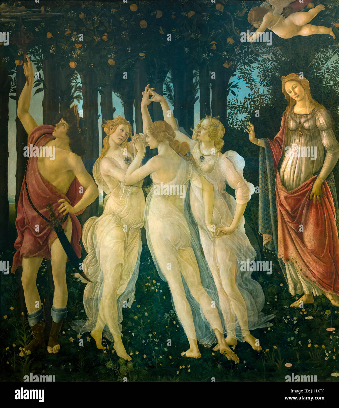 Tres Gracias, detalle de Primavera, alegoría de la primavera, témpera, pintura panel de Sandro Botticelli, circa1482, la Galería de los Uffizi, Florencia, Toscana, Foto de stock