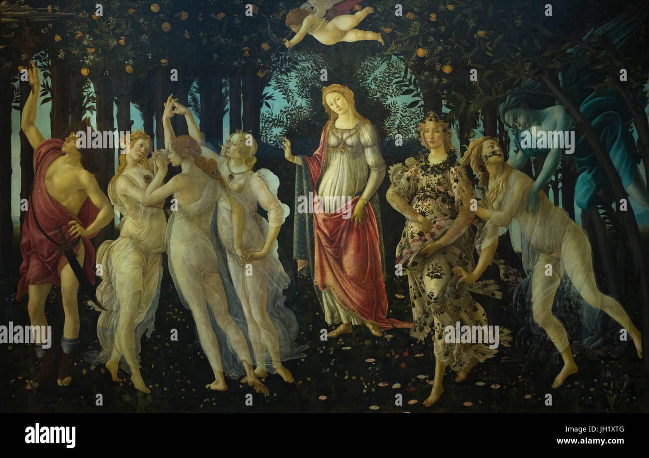 Primavera, alegoría de la primavera, témpera, pintura panel de Sandro Botticelli, circa1482, la Galería de los Uffizi, Florencia, Toscana, Italia, Europa Foto de stock