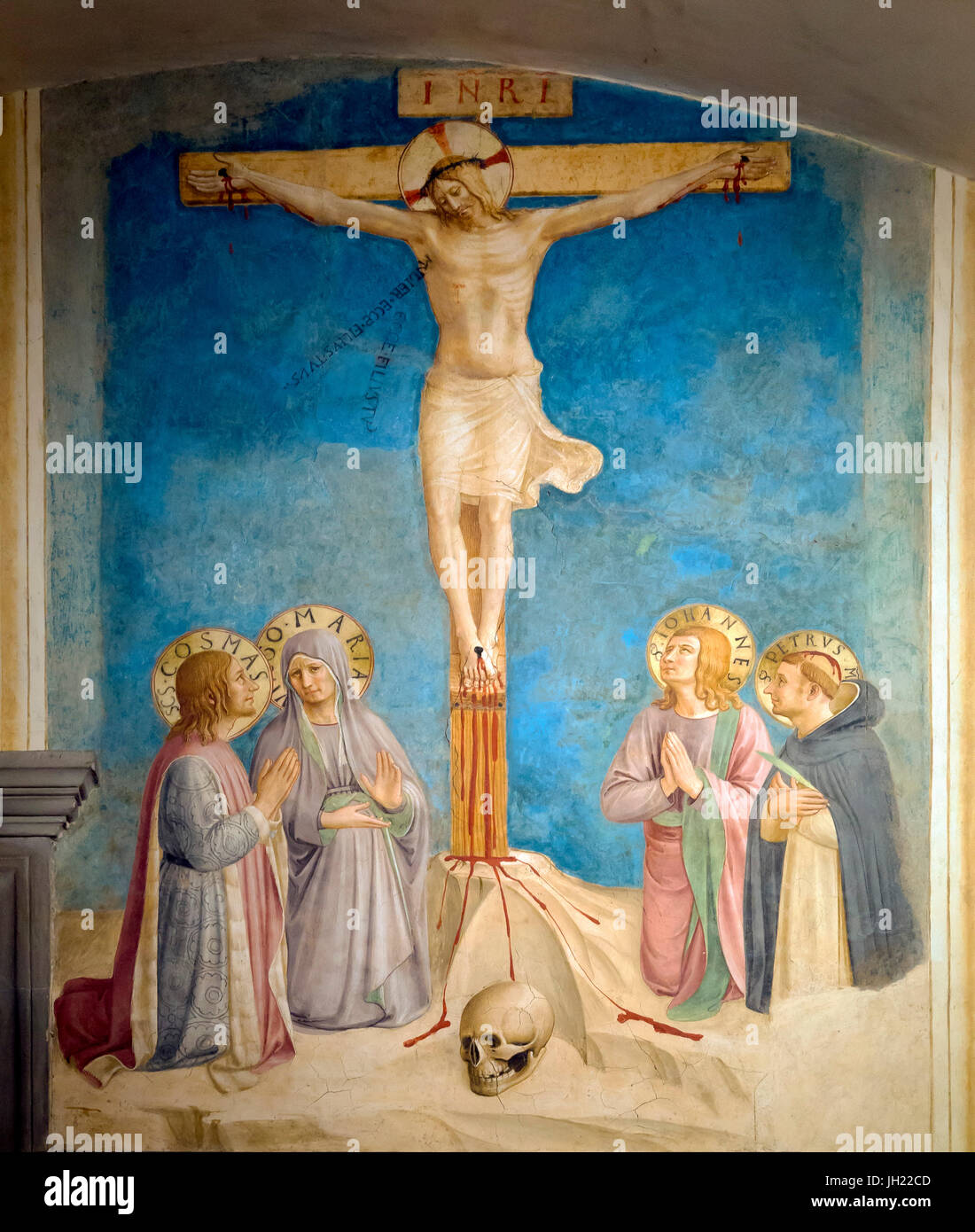Crucifixión con la Virgen y los Santos Cosme, el evangelista san Juan y San Pedro Mártir, la celda 38, por Fra Beato Angelico, 1441-1442, el convento de San Marcos, Foto de stock
