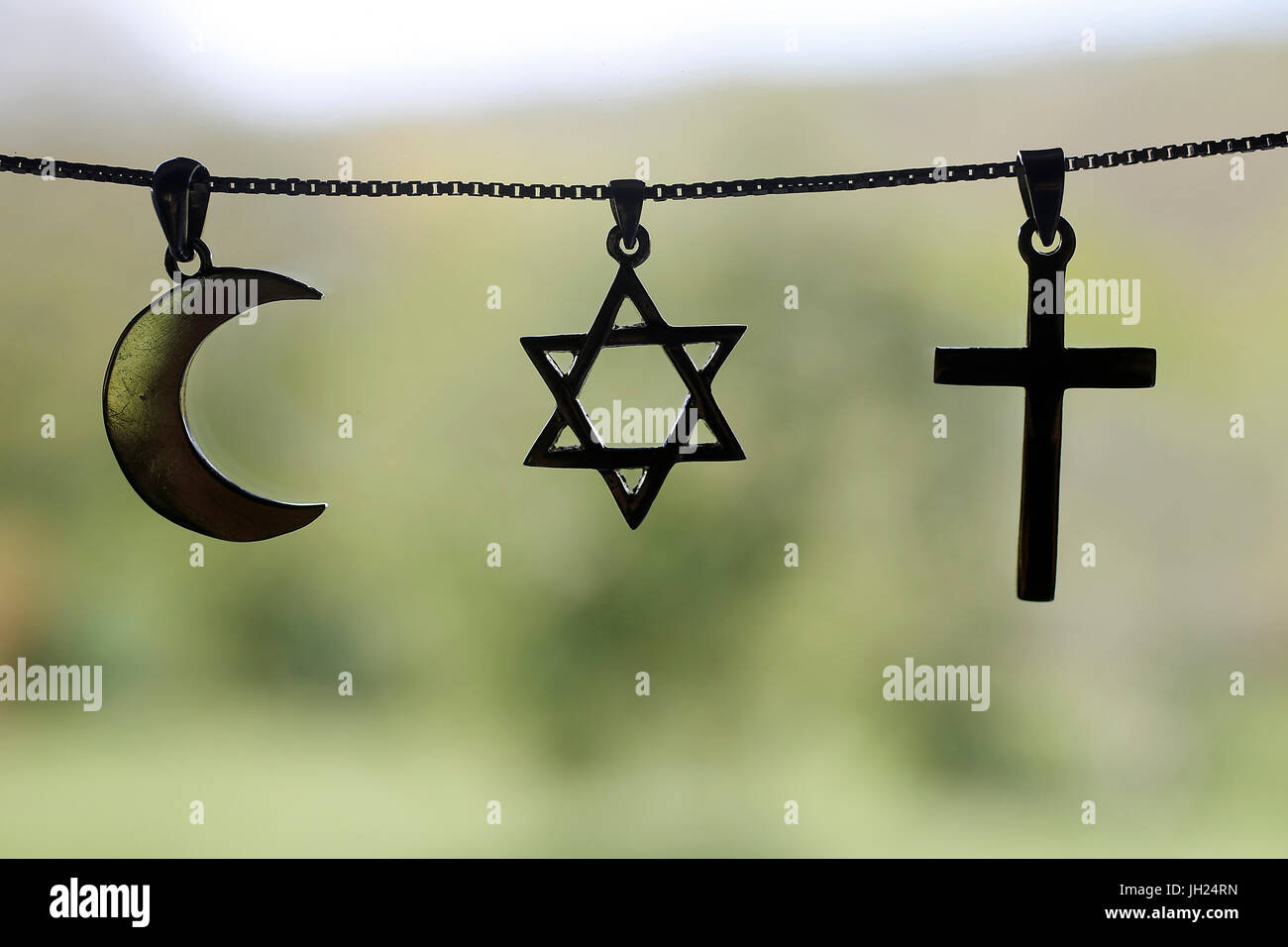 Símbolos del islam, el islam y el cristianismo. Foto de stock