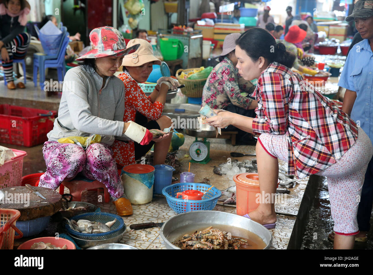 Vung Tau del mercado de pescado. Mujer de comprar el pescado. Vietnam. Foto de stock