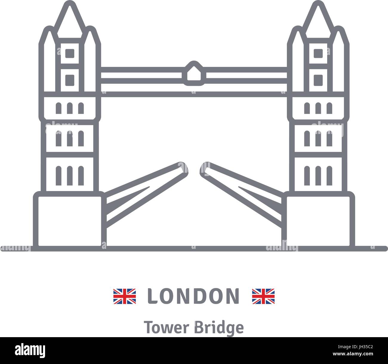 Icono de línea de Londres. Tower Bridge y Gran Bretaña bandera ilustración vectorial. Ilustración del Vector