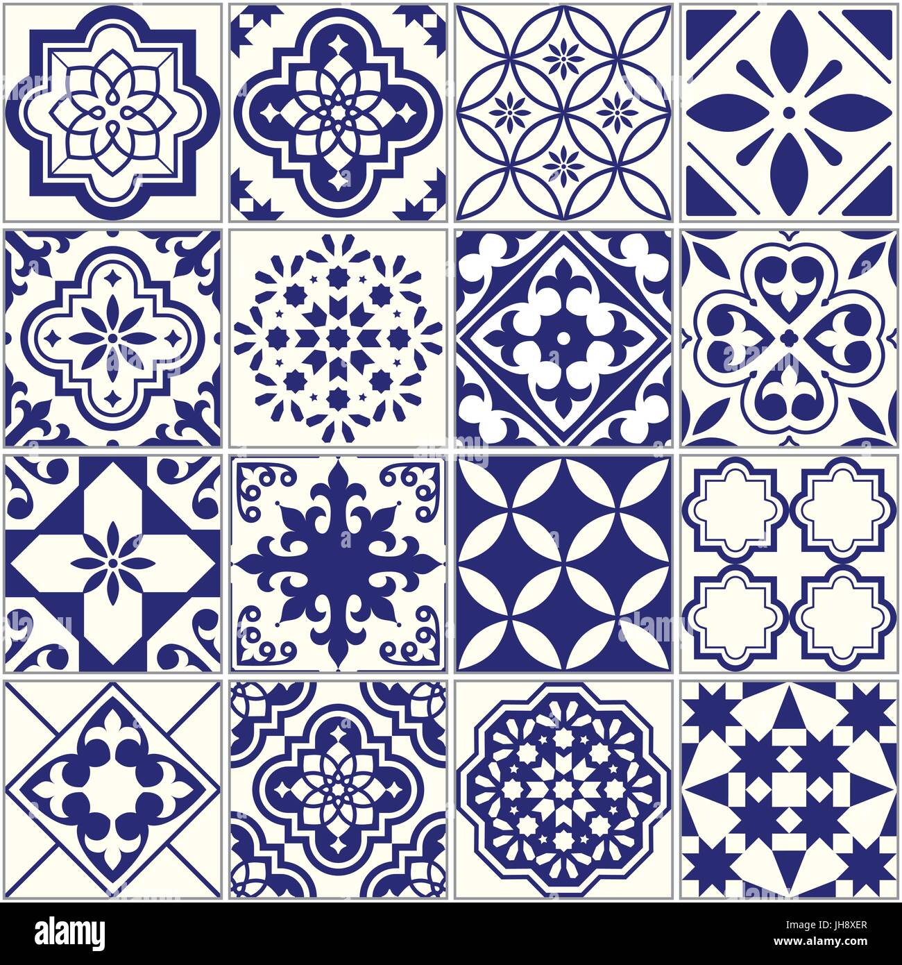Seamless pattern, azulejos de mosaico floral Mediterráneo set, Lisboa perfecta ornamento azul marino Ilustración del Vector