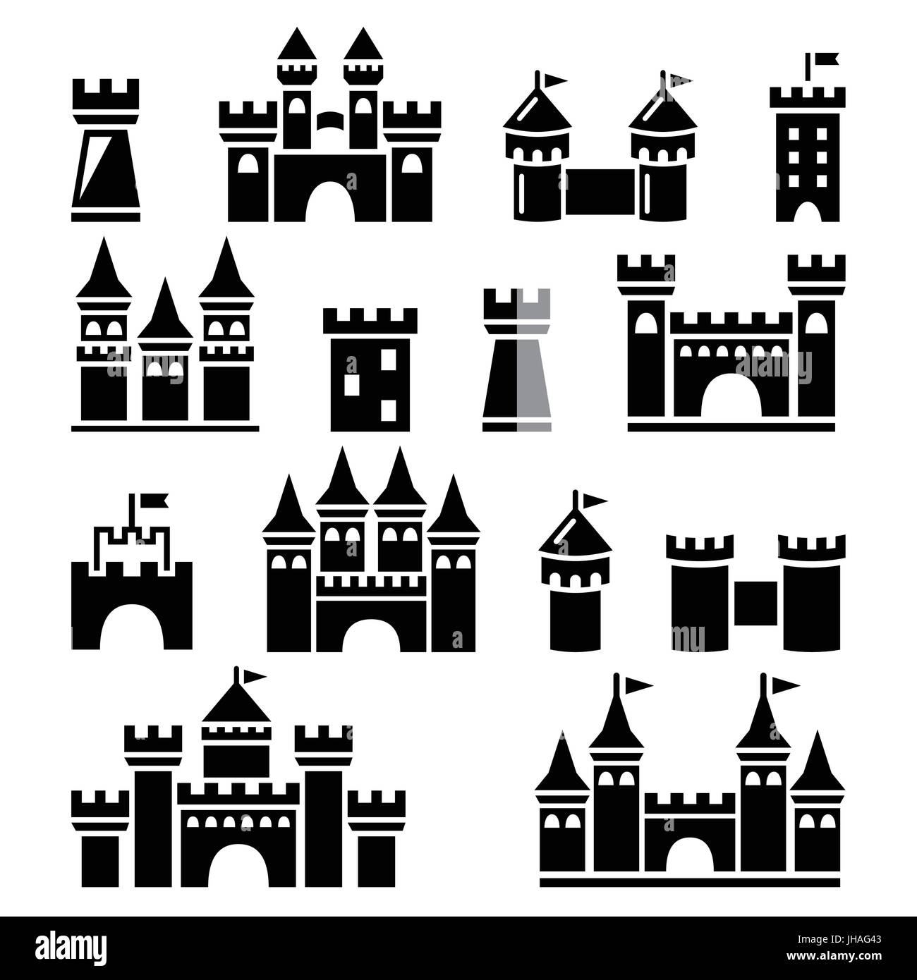 Castillo, Torres establecer iconos iconos vectoriales de edificios - castillos aislado en blanco Ilustración del Vector