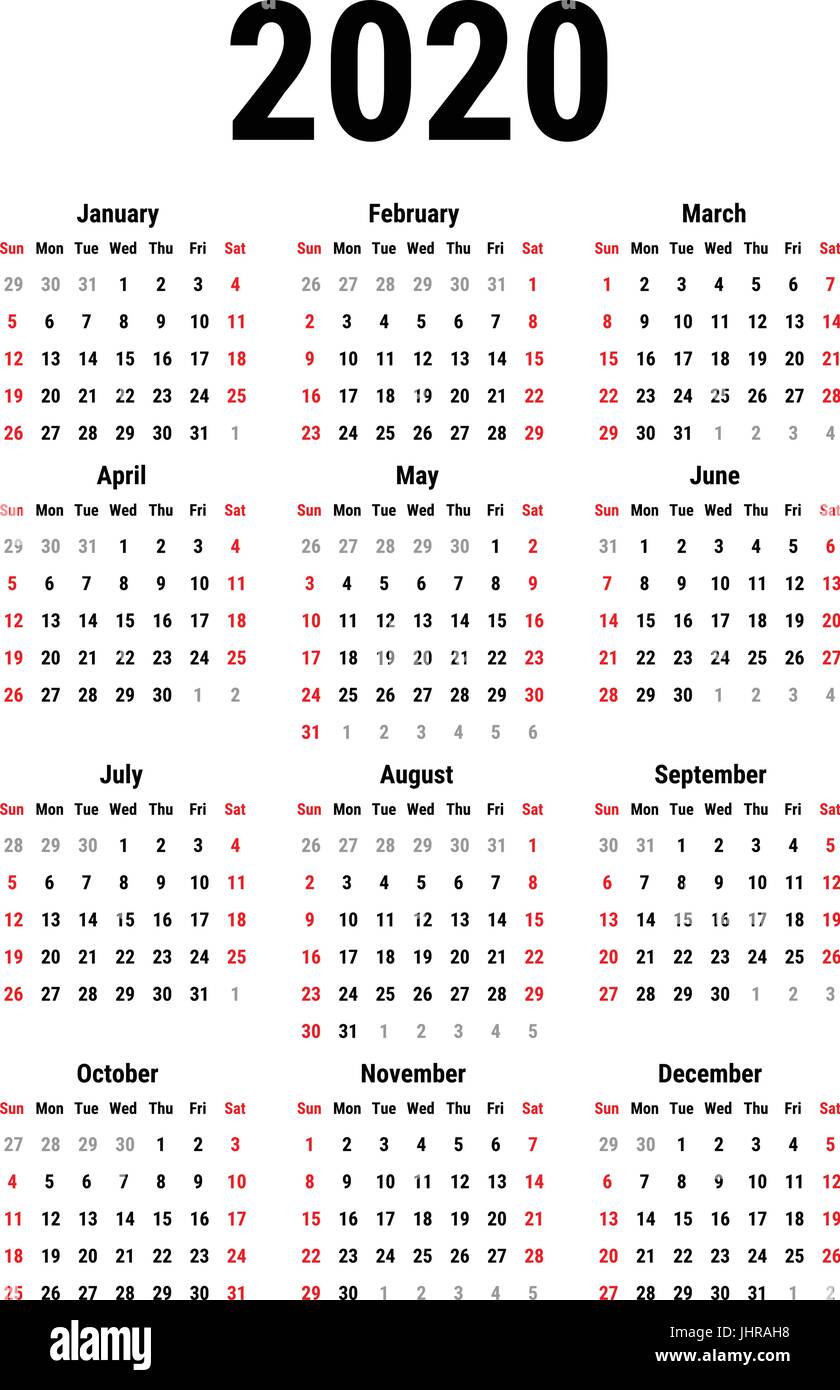 Calendario para 2020 Imagen Vector de stock - Alamy