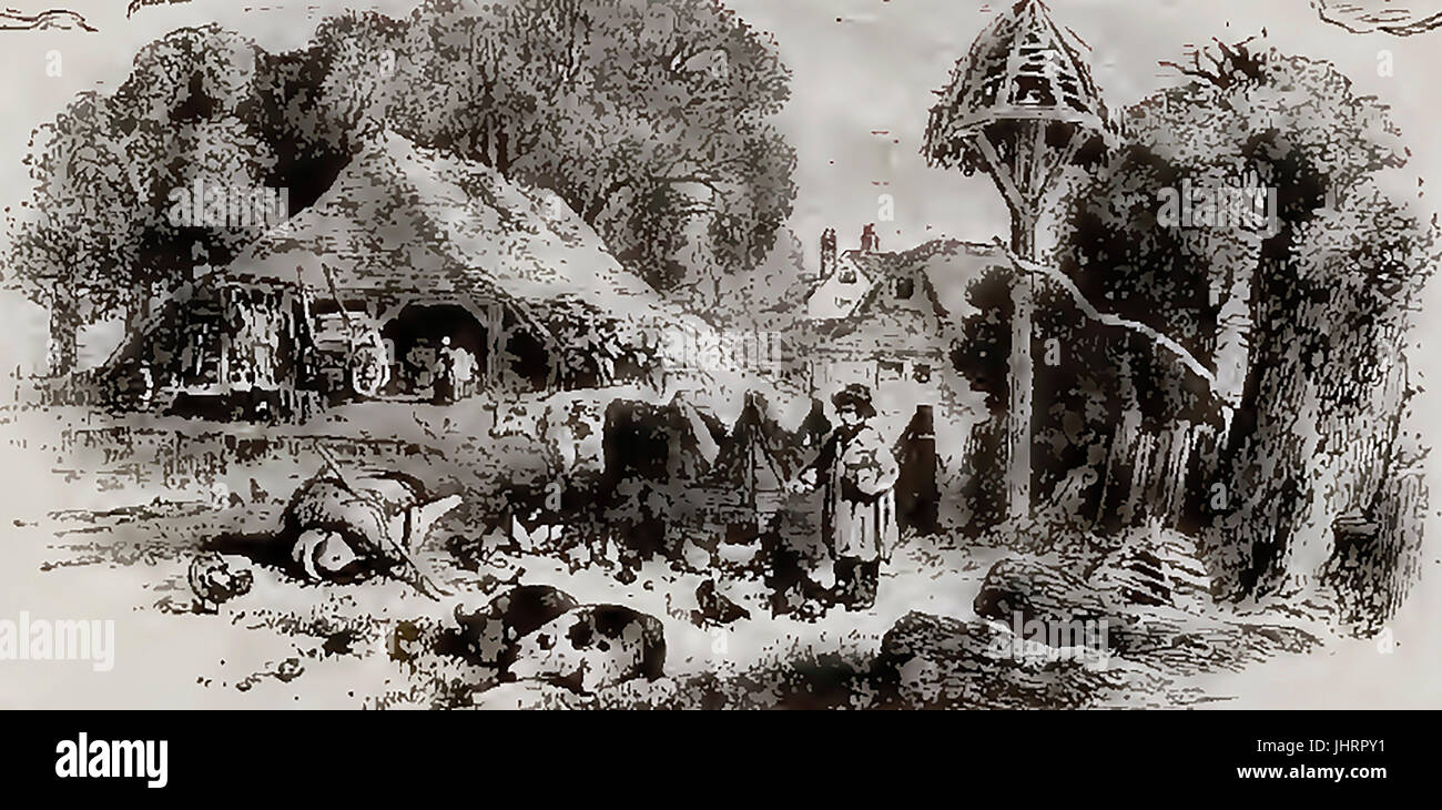 Una aldea rural de la escena de la granja en el siglo XIX en Gran Bretaña Foto de stock