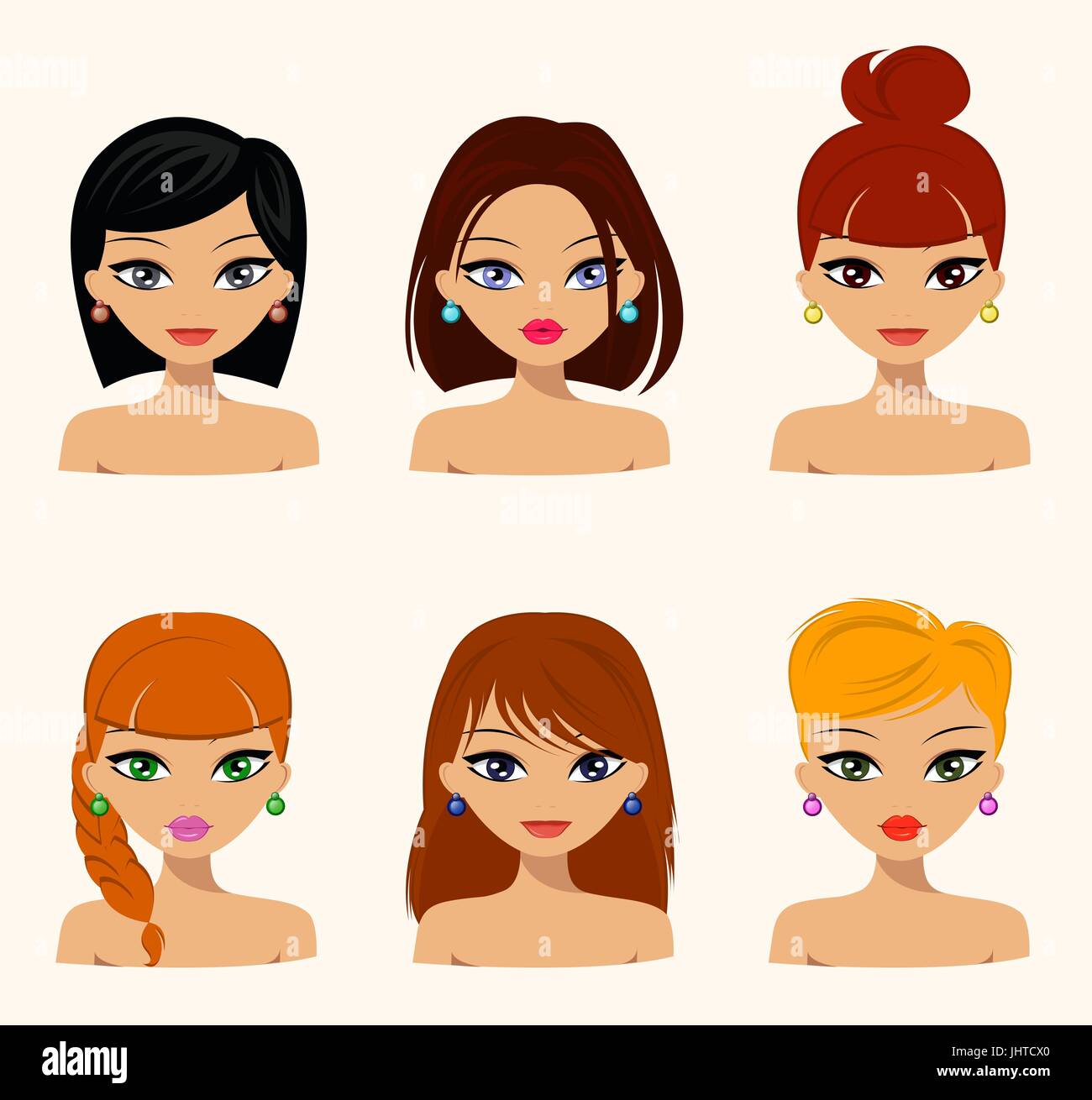 Jóvenes mujeres bonitas, bonitas caras con diferentes peinados, color de  cabello. diseño plano, moda y belleza. Editable Vector Imagen Vector de  stock - Alamy
