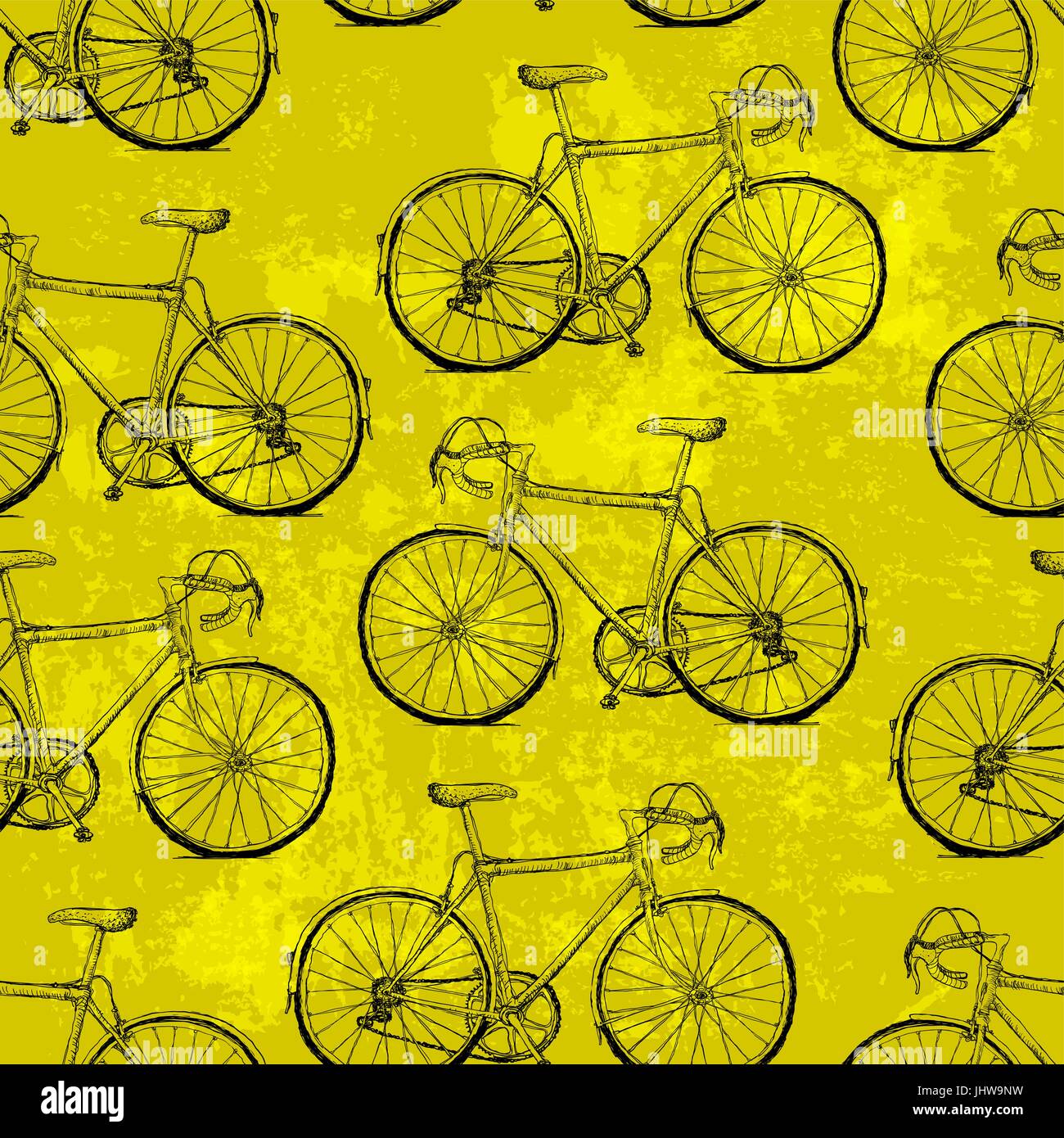 Las bicicletas dibujadas a mano sobre fondo amarillo patrón perfecta Imagen  Vector de stock - Alamy