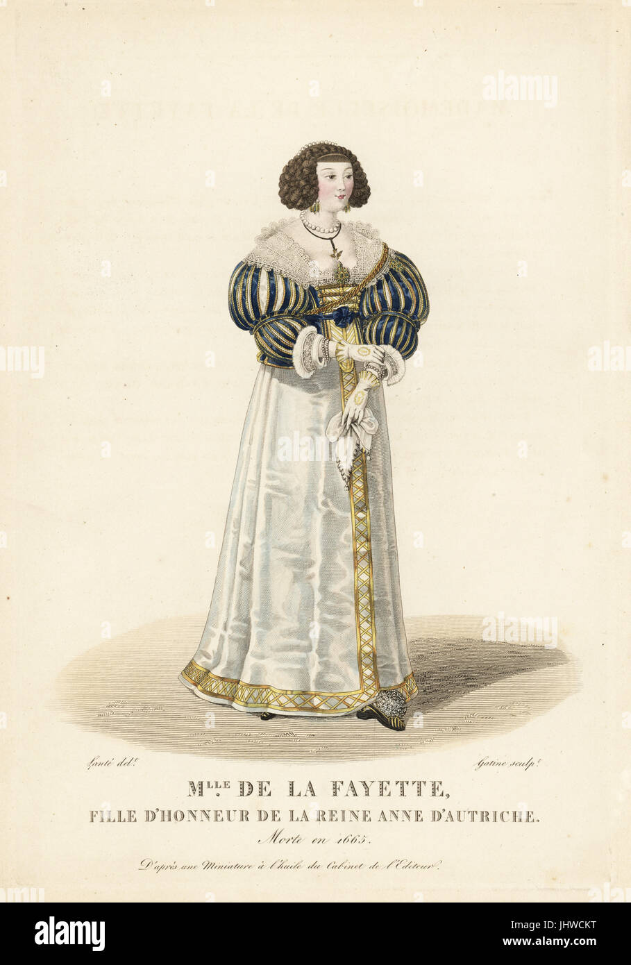 Louise Angelique Motier de la Fayette, dama de honor de Ana de Austria, reina de Luis XIII de Francia, 1618-1665. Ella lleva su cabello en tirabuzones con una cadena de perlas, vestido con cuello y puños de encaje, recortó las mangas corpiño trenzadas, petticoat con bordados en oro y pompom zapatillas. Después de una miniatura en aceites en el editor de la colección. Copperplate Handcolored grabado por Georges Jacques Gatine después una ilustración por Louis Marie Lante de Galerie Française de Femmes celebres, París, 1827. Foto de stock