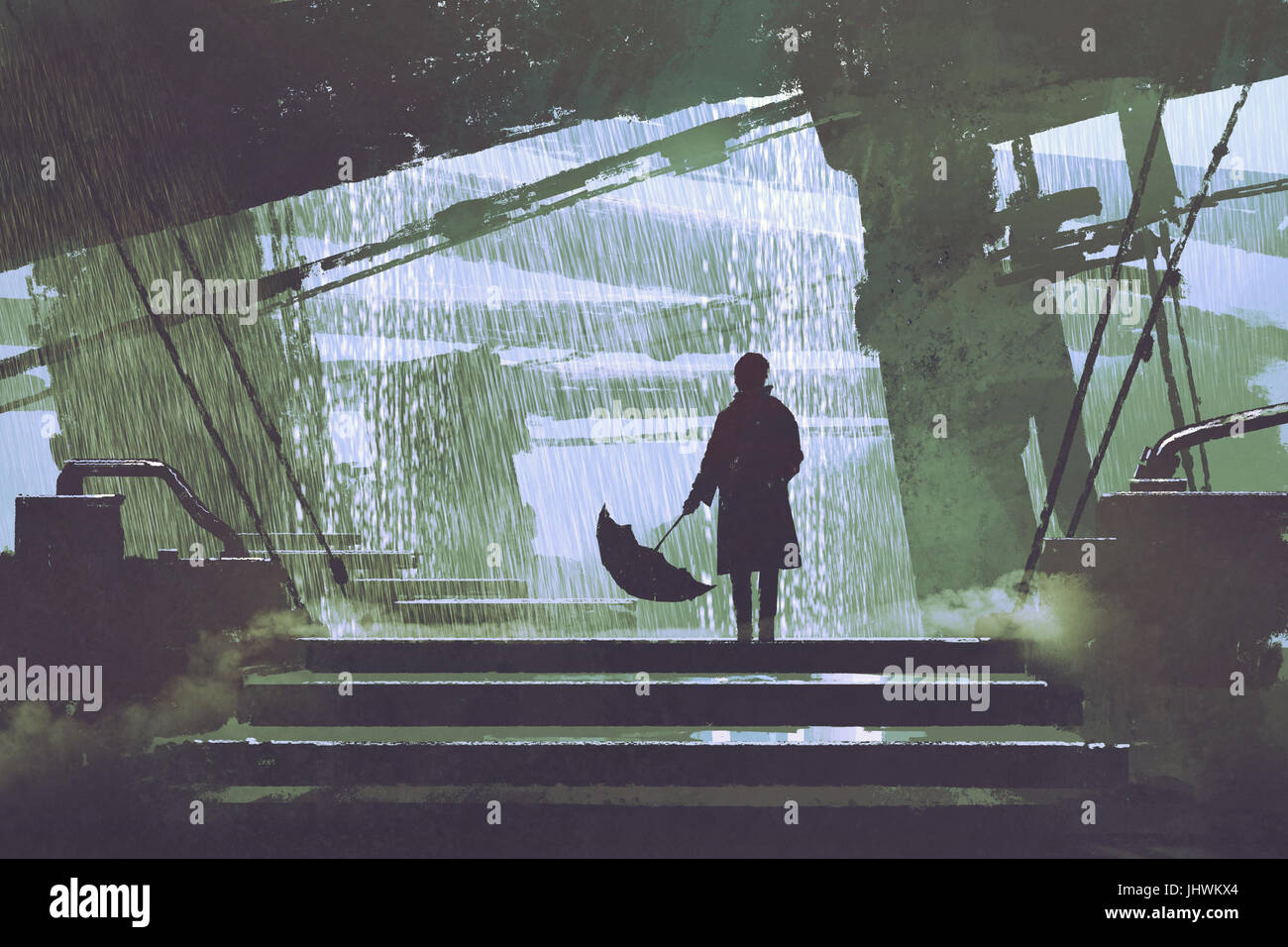Sci-fi escena del hombre con sombrilla está bajo construcción en días lluviosos, estilo de arte digital, ilustración pintura Foto de stock