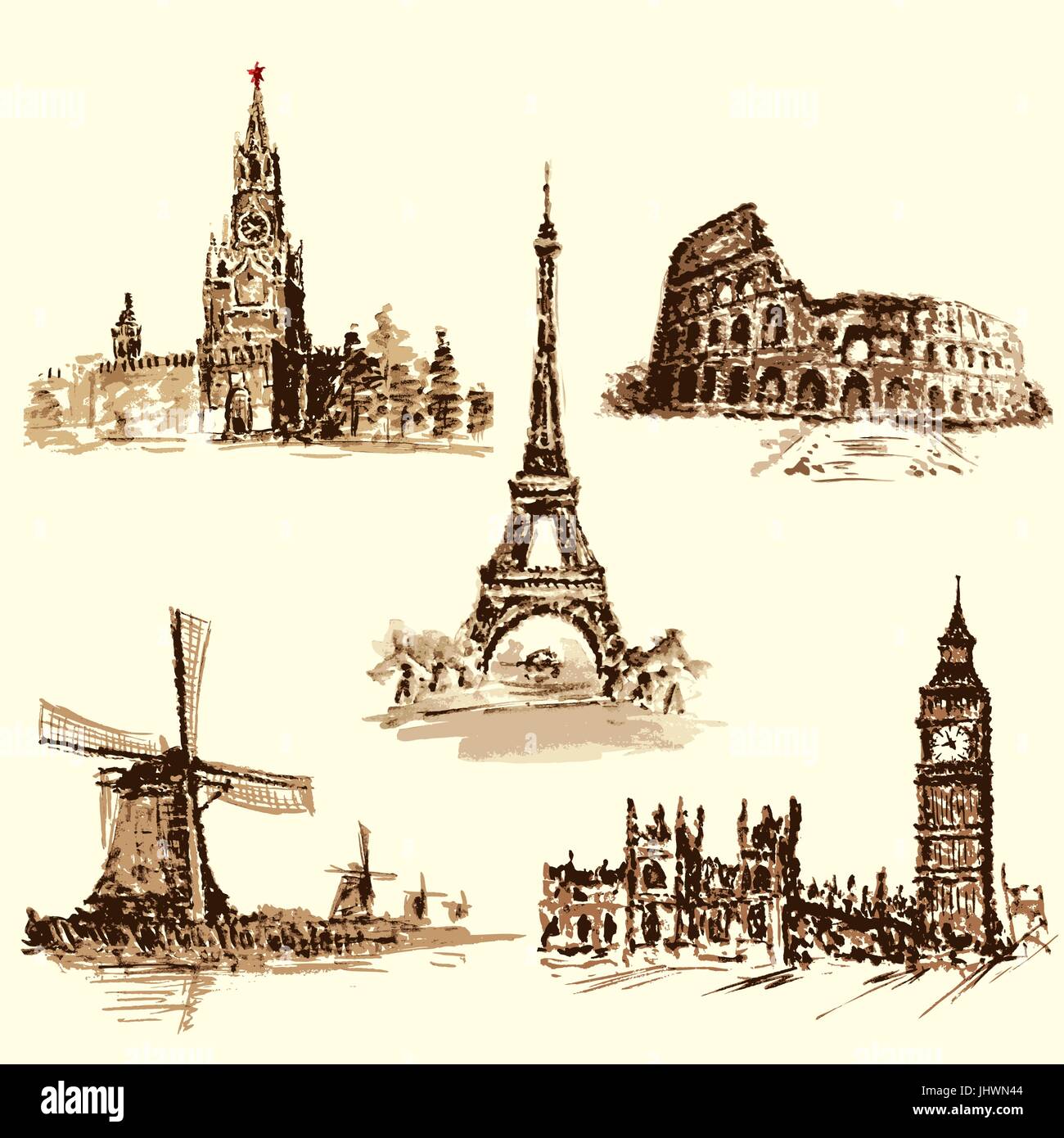 Conjunto de las atracciones, el Kremlin, la Torre Eiffel, el Coliseo, el Big Ben, el molino de viento holandés. Acuarela dibujo vectorial a mano. Ilustración del Vector