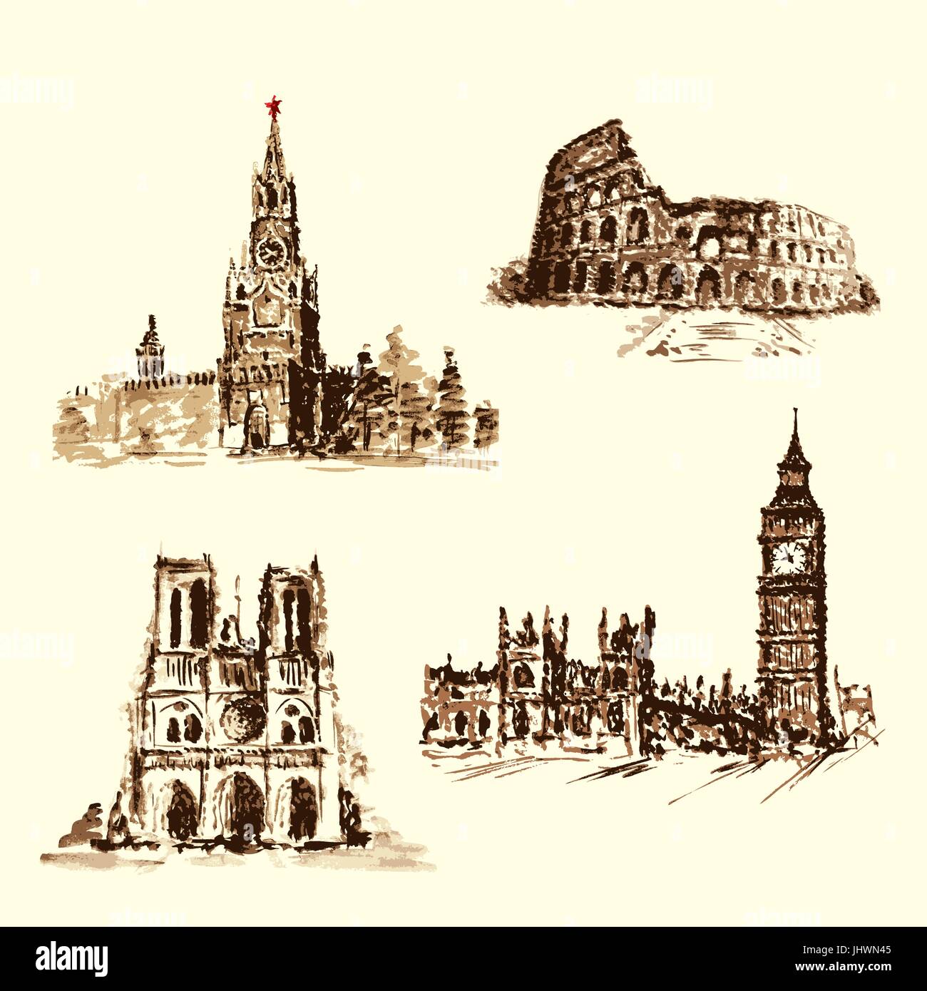Conjunto de las atracciones, el Kremlin, el Coliseo, el Big Ben, la catedral de Notre Dame .Acuarela dibujo vectorial a mano. Ilustración del Vector