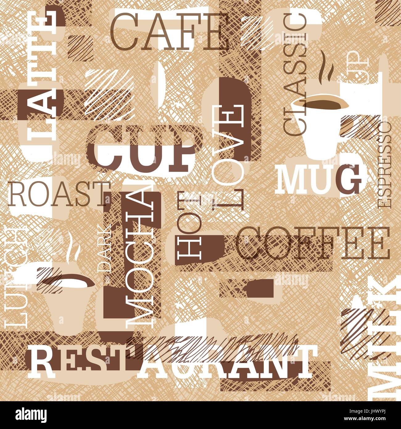 Café temático patrón sin fisuras. Palabras, tazas de café, garabatos y creativo. La gama de colores beige y marrón. Resumen Antecedentes para café o restaurante la marca d Ilustración del Vector
