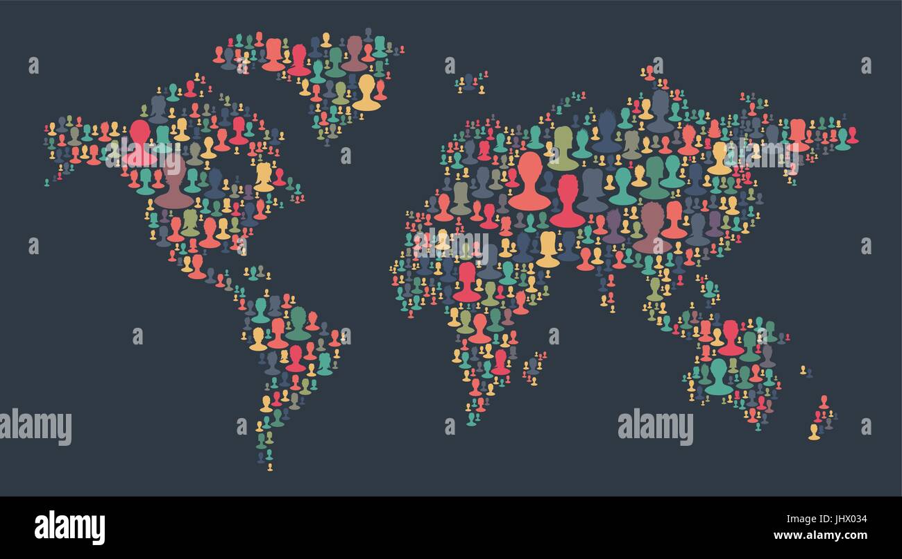 El mapa del mundo hecho de mucha gente las siluetas. Colección de Retratos de diferentes personas colocadas en forma de mapa mundial. Mapa del mundo hecho de larg Ilustración del Vector