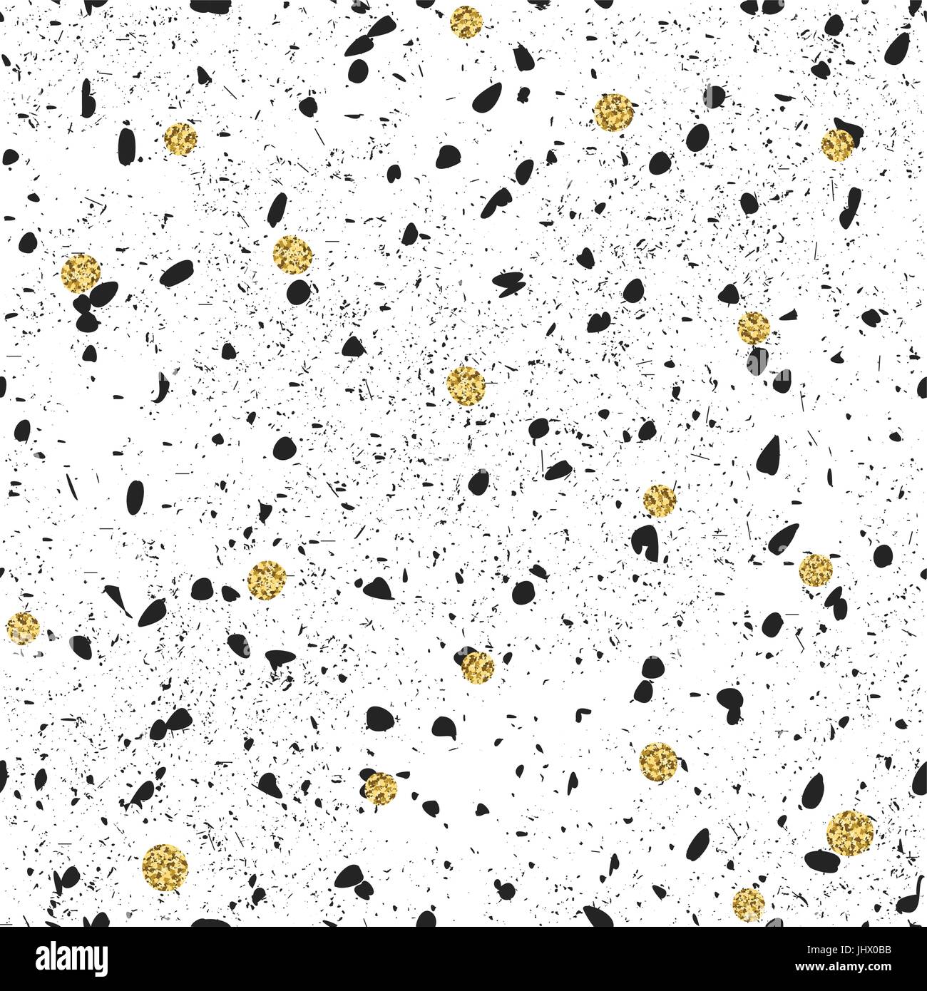Patrón de partículas caóticas sin fisuras. Puntos dorados. Las partículas de negro sobre blanco. Patrón de moda de impresión perfecta Ilustración del Vector