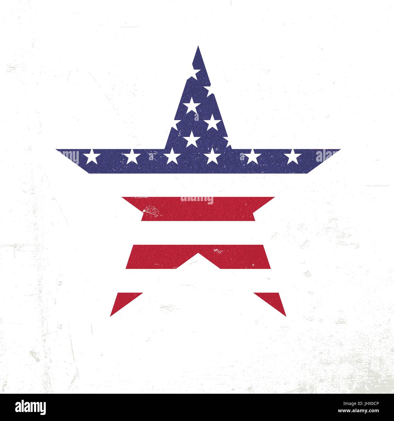 La bandera americana en forma de estrella. Plantilla de diseño patriótico. Grunge texturas en capas y puede ser editado. Ilustración del Vector