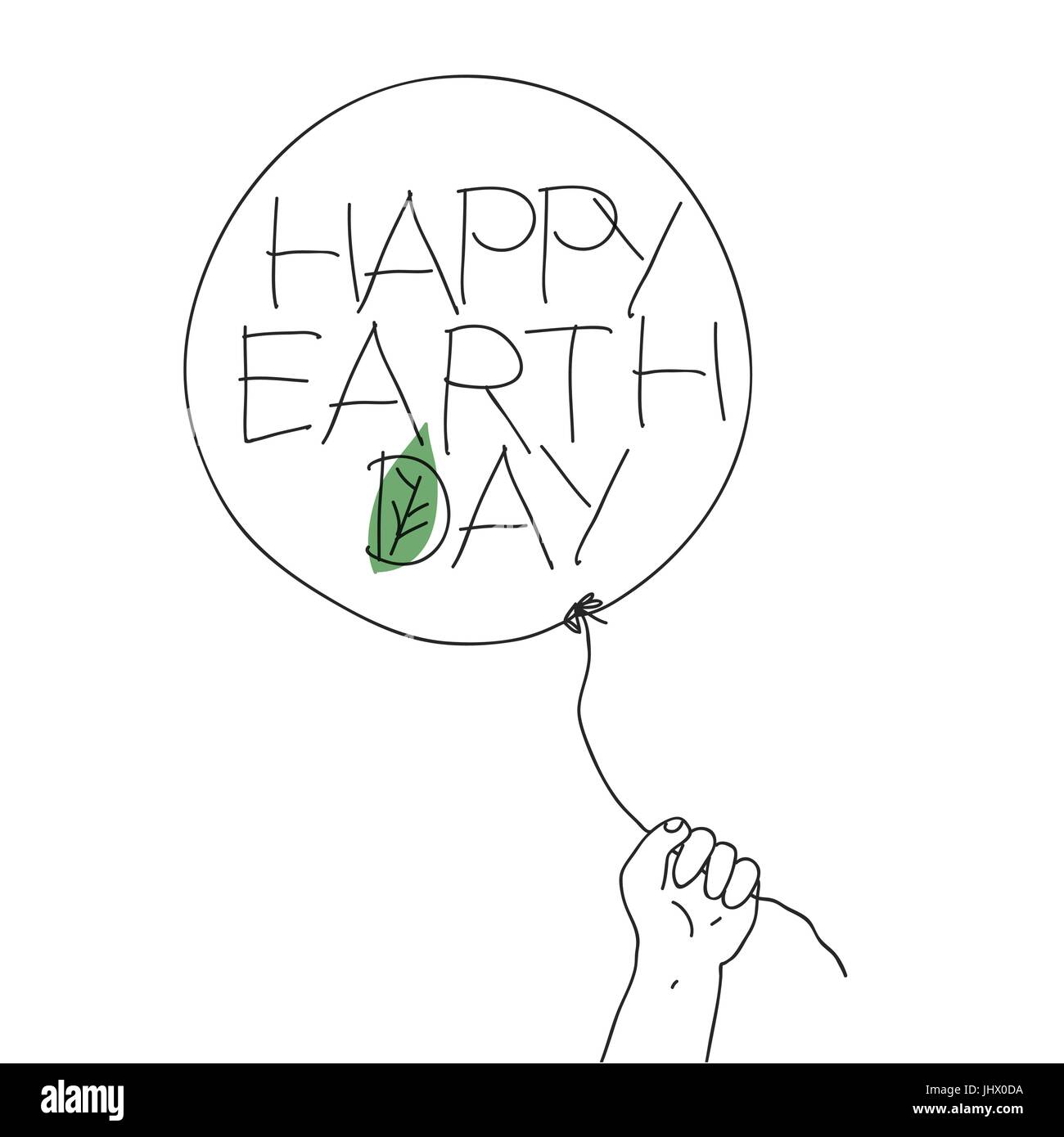 Hijo sostenga el hilo de globo con 'Feliz Día de la Tierra'texto de felicitación y leaf firmar. Ilustración vectorial de contorno dibujado a mano boceto con texto y gre Ilustración del Vector
