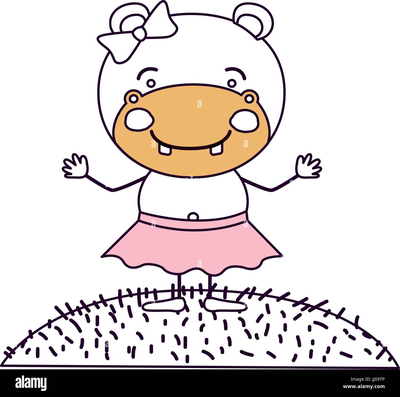 Silueta de color cielo escena secciones horizontal y la hierba con la caricatura cute expresión hippo en falda con encaje arco Ilustración del Vector