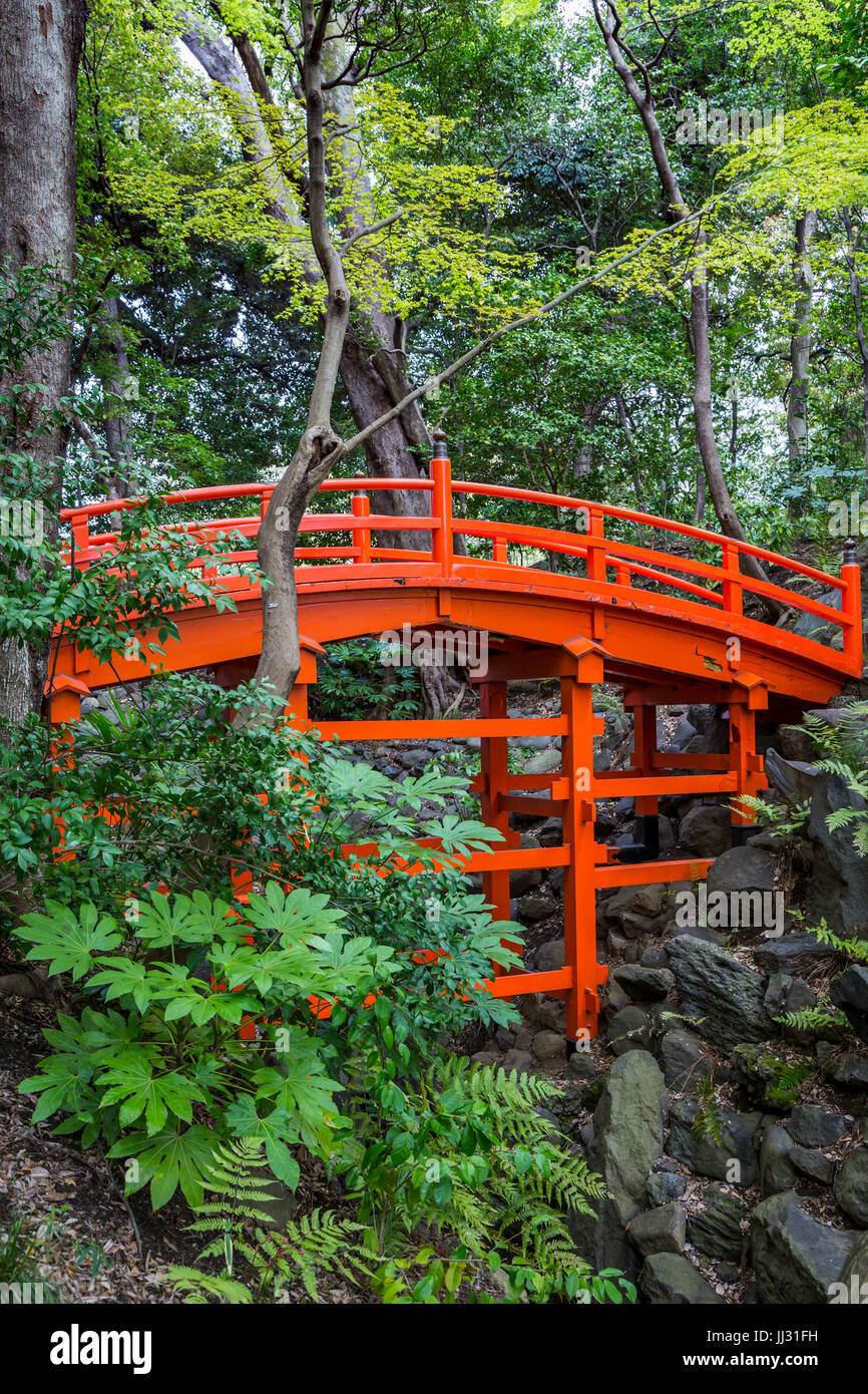 Un puente rojo en el Kōrakuen Koishikawa Gardens en Bunkyo, Tokio, Japón. Foto de stock