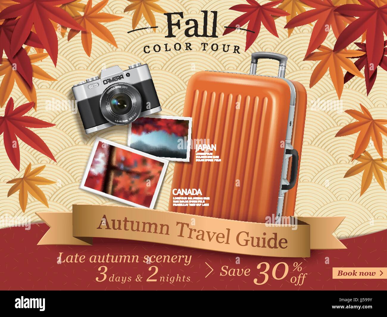 Color en el otoño anuncios tour, otoño anuncios Guía de viaje para la  agencia de viajes o en el sitio web con elegantes arces bastidor y  equipaje, elementos de cámara en 3D