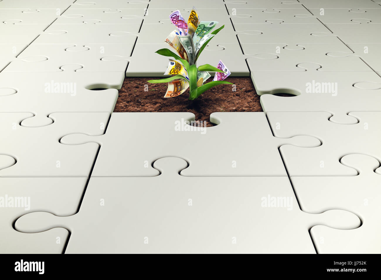 Planta con dinero crece a partir de una pieza faltante del rompecabezas Foto de stock
