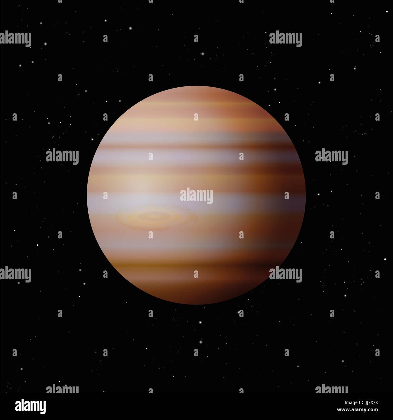 Planeta Júpiter con el típico gran lugar - el planeta más grande del Sistema Solar - Ilustración de la noche estrellada galaxy fondo negro. Foto de stock