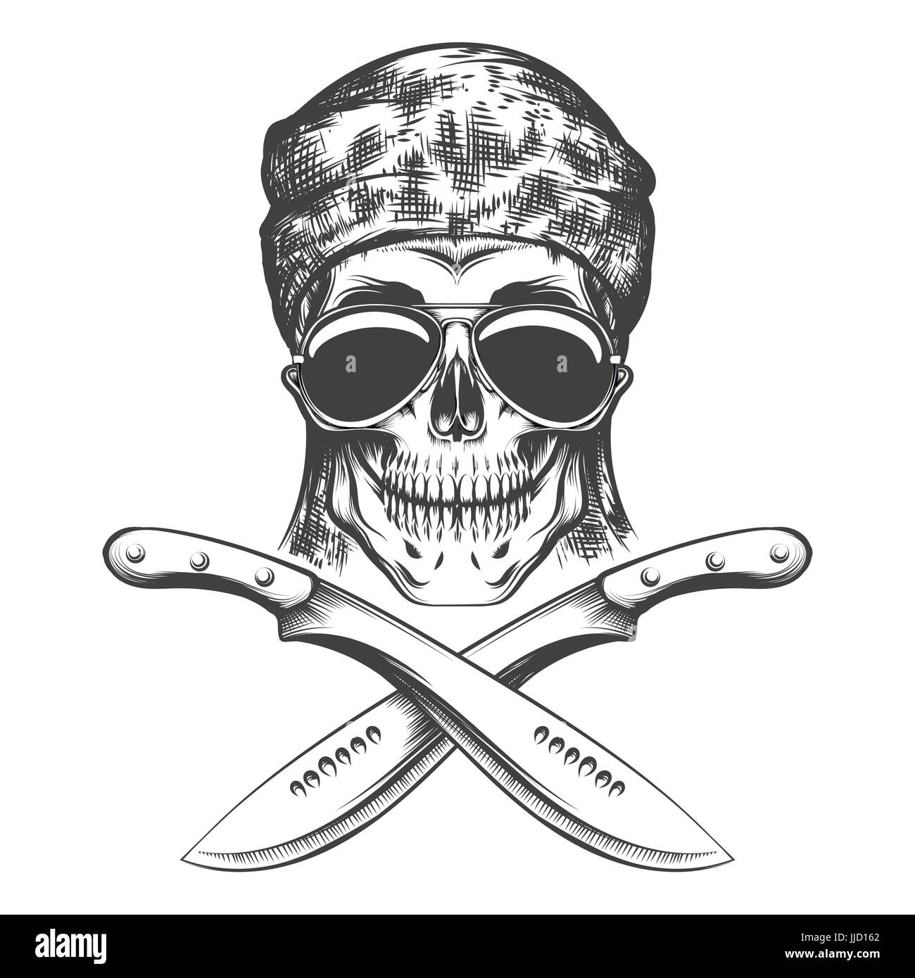 Cráneo humano con machete. Ilustración vectorial dibujado en estilo de tatuaje. Ilustración del Vector