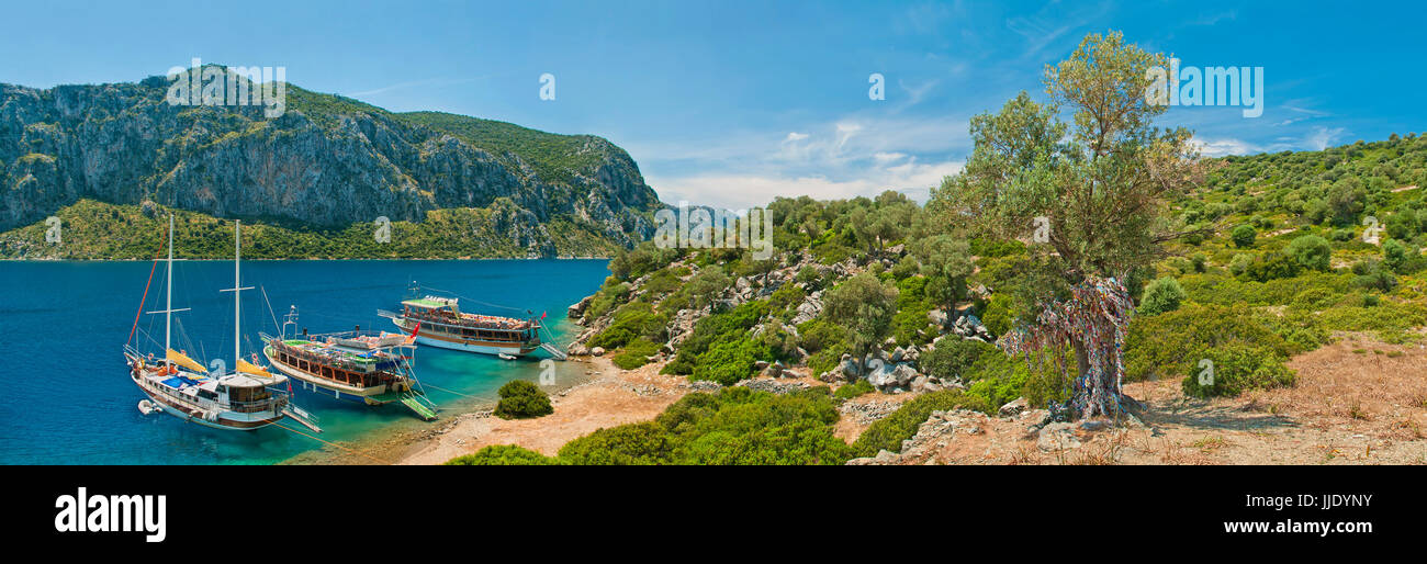 Tres barcas turísticas en Blue Lagoon en Camellia isla en el mar Egeo con el viejo olivo con coloridas piezas de tela atado, Marmaris, Tu Foto de stock
