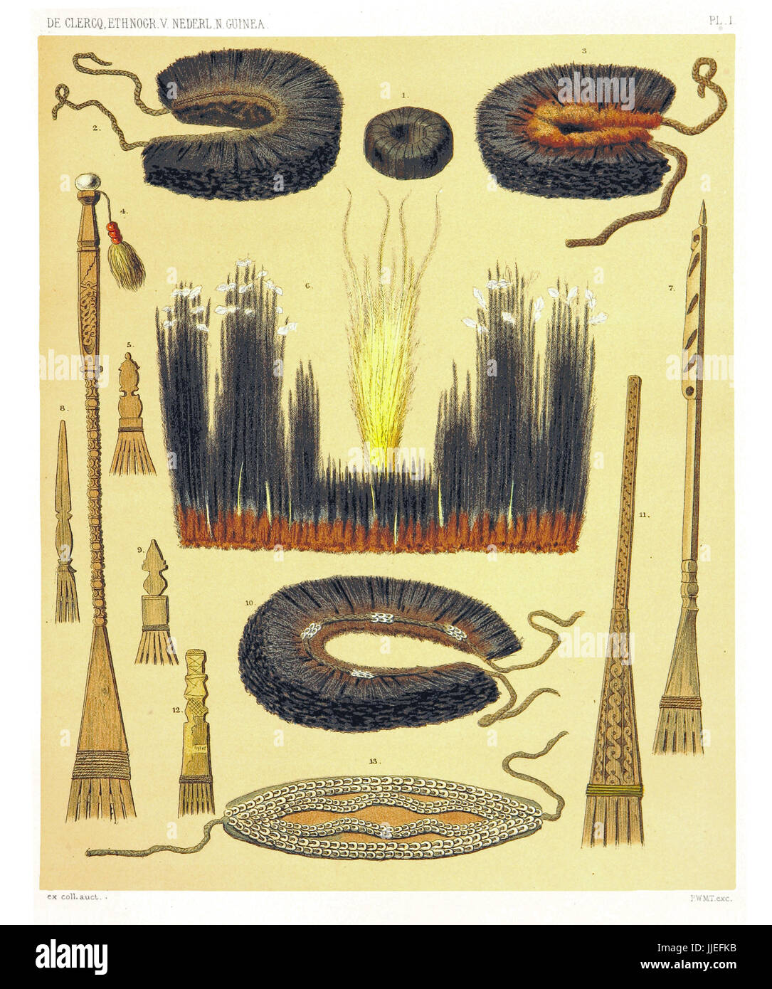 Ilustración de objetos étnicos desde el oeste y norte de la costa de Nueva Guinea Holandesa. Por F.S.A. De Clercq y J.D.E. Schmeltz, Leiden 1893 Foto de stock
