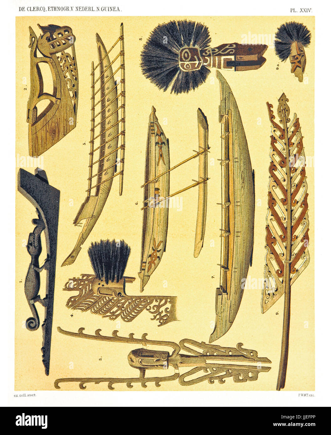 Ilustración de objetos étnicos desde el oeste y norte de la costa de Nueva Guinea Holandesa. Por F.S.A. De Clercq y J.D.E. Schmeltz, Leiden 1893 Foto de stock