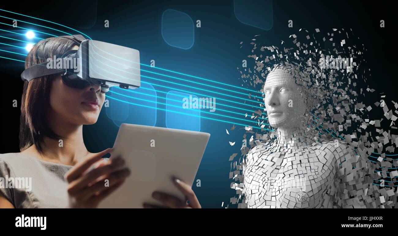 Mujer con gafas VR y tablet PC por 3d distribuidos figura humana
